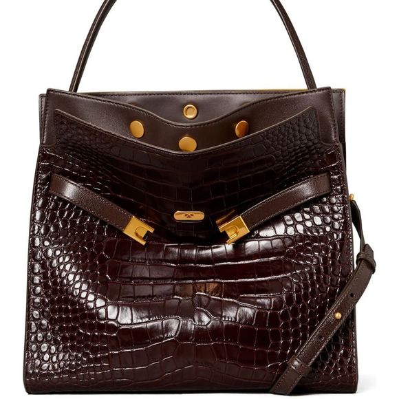 Tory Burch Women's Lee Radziwill Double Bag Handbag Embossed Pumpernickel - Picture 4 of 17